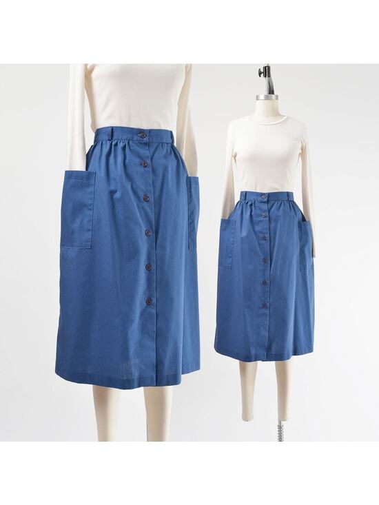 Vintage Dresses & Skirts - Vintage 70s Navy Blue Cotton Blend Button Front Midi Skirt with Pockets M